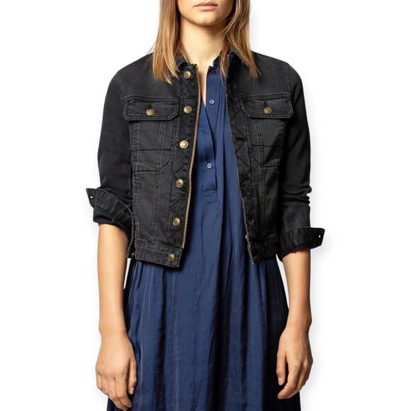 ZADIG & VOLTAIRE | XS | Kioky Eagle Distressed Grunge Denim Jacket In Noir - Picture 2 of 12